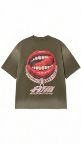 ART SUPER MONEY T-Shirt GRILLZ Con Stampa e Strass Fronte Retro Verde Militare
