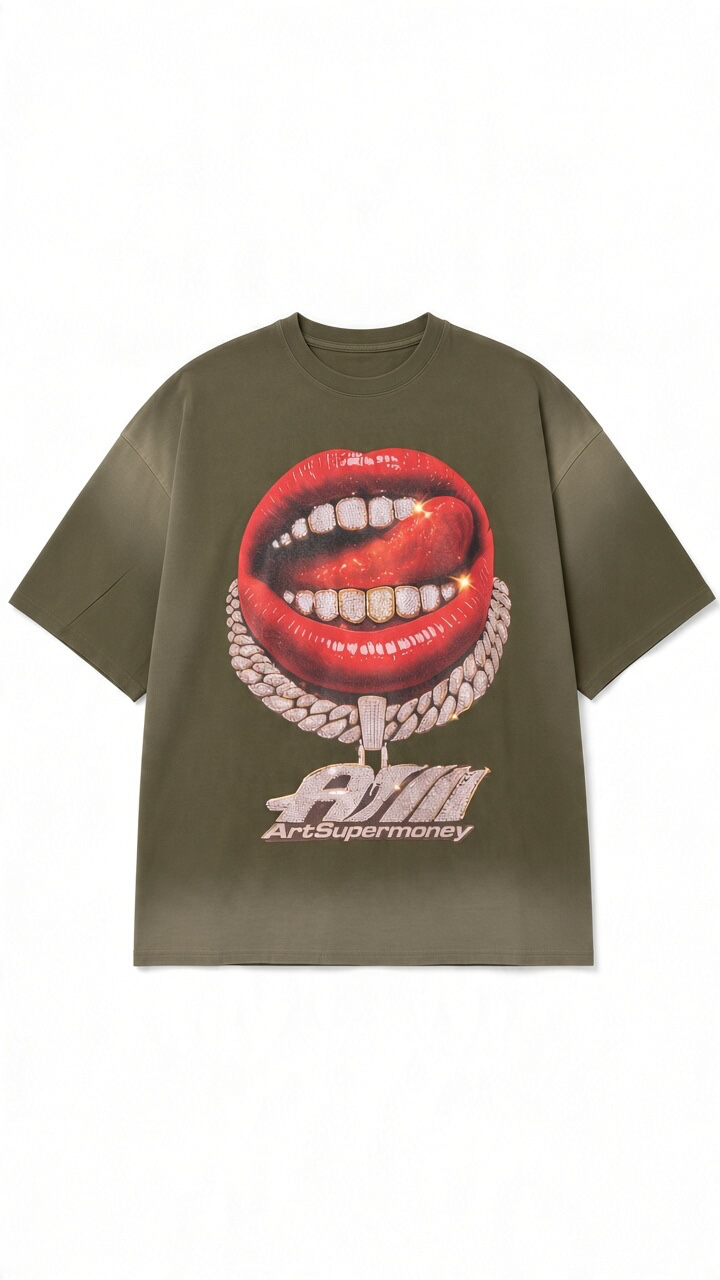 ART SUPER MONEY T-Shirt GRILLZ Con Stampa e Strass Fronte Retro Verde Militare