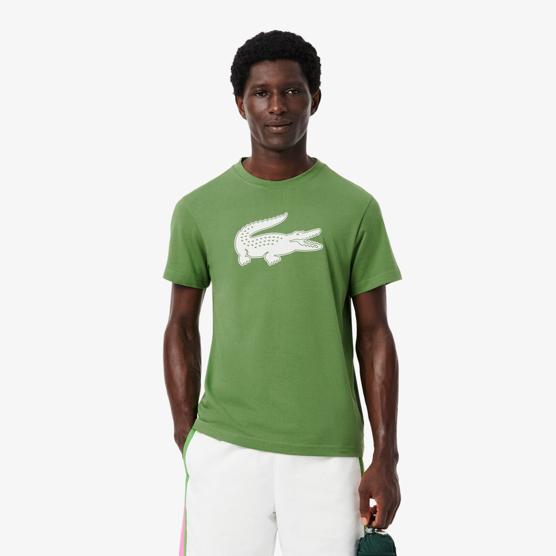 LACOSTE T-Shirt Logo Centrale Verde e Bianca