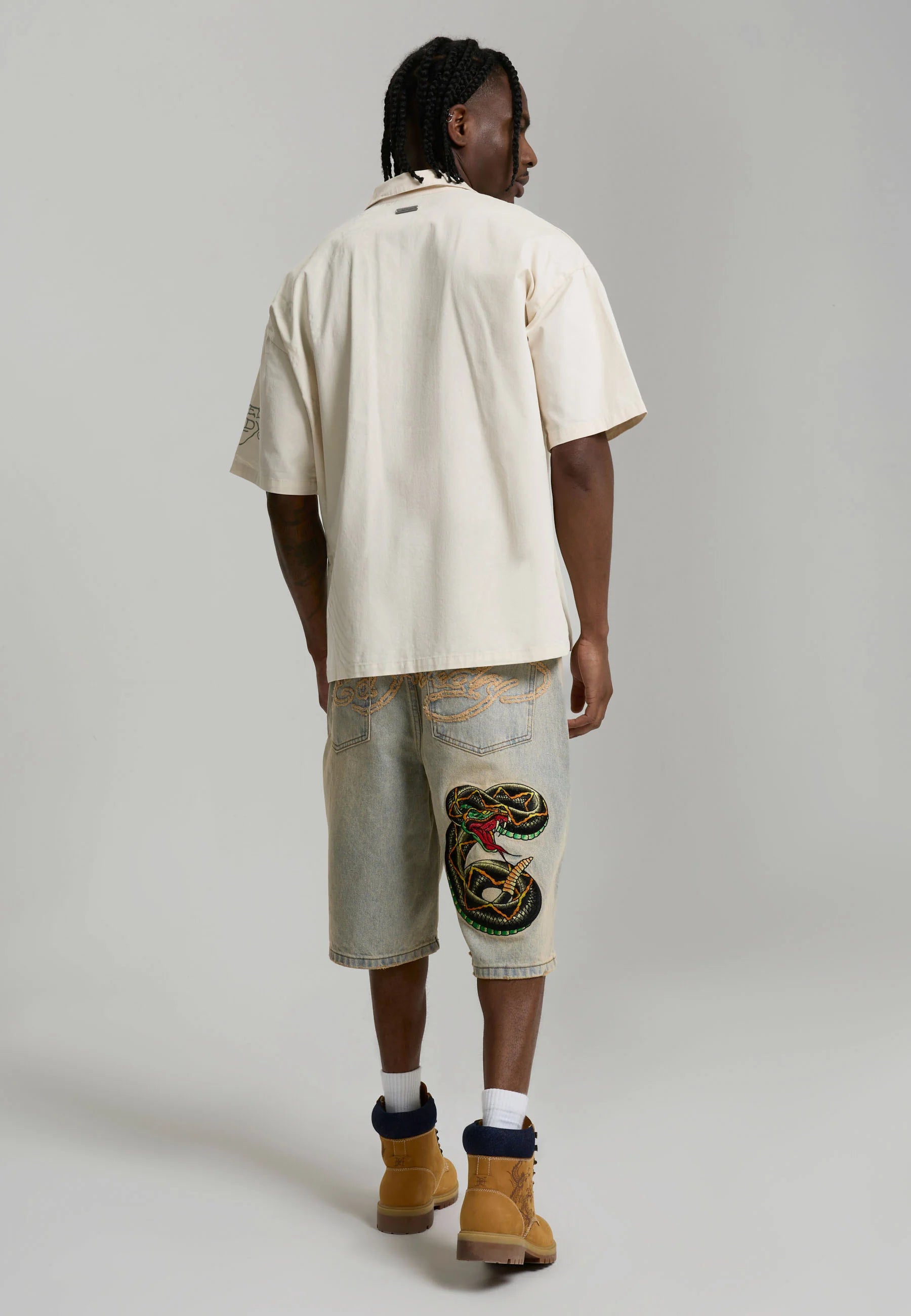 ED HARDY Pantaloncino in Jeans Jorts Sabbiato Con Dettagli Ricamati Fronte E Sul Retro