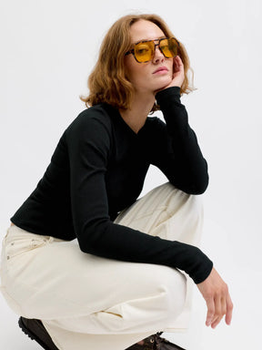 JJXX JXFREYA  MAGLIETTA A COSTINE MANICHE LUNGHE NERA DONNA
