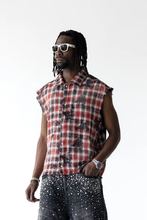 BLACK ISLAND Camicione a Quadretti Smanicato Rosso Dettagli Neri