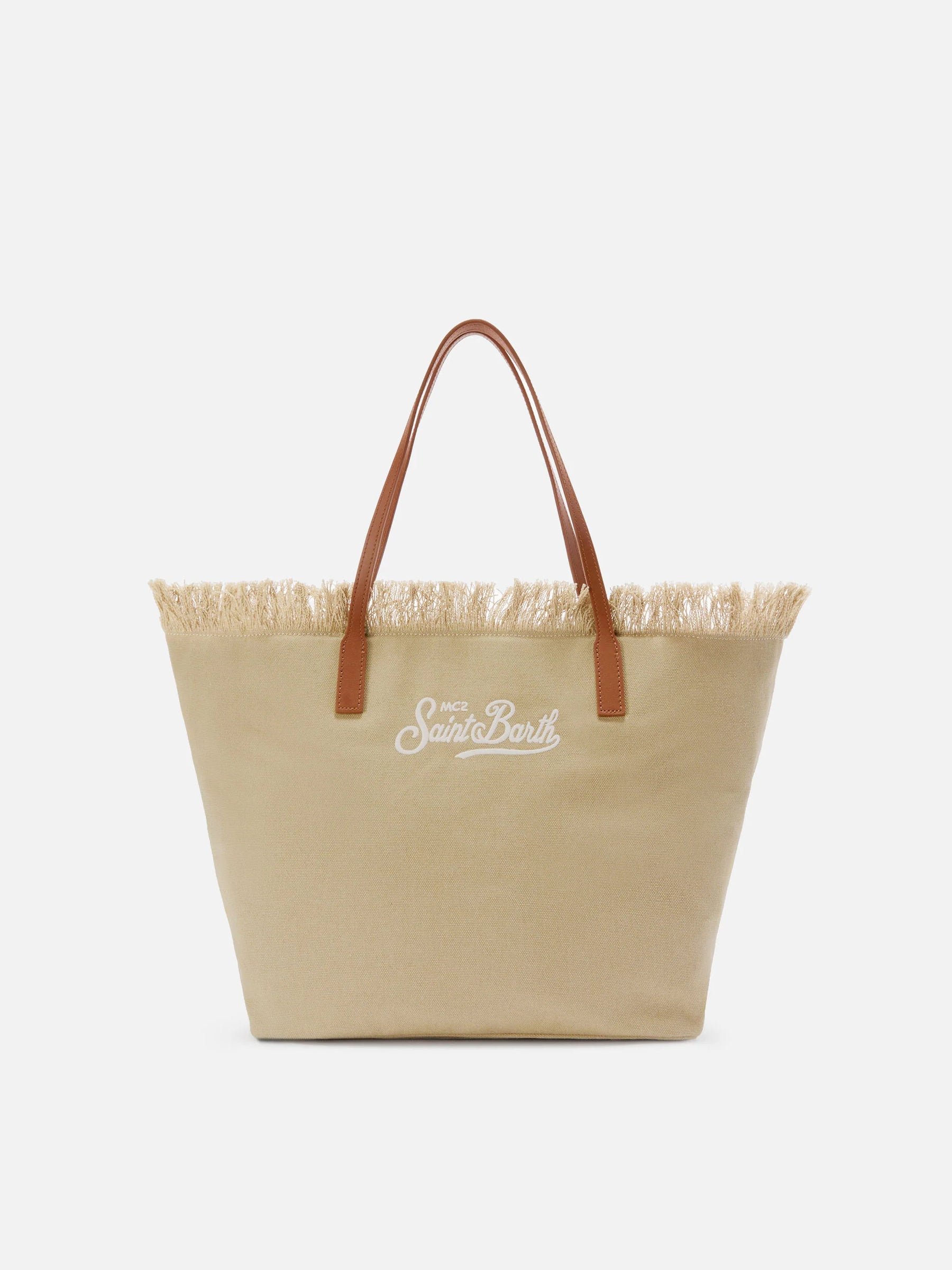 SAINT BARTH BORSA CITY REGULAR IN CANVAS BEIGE CON FRANGE