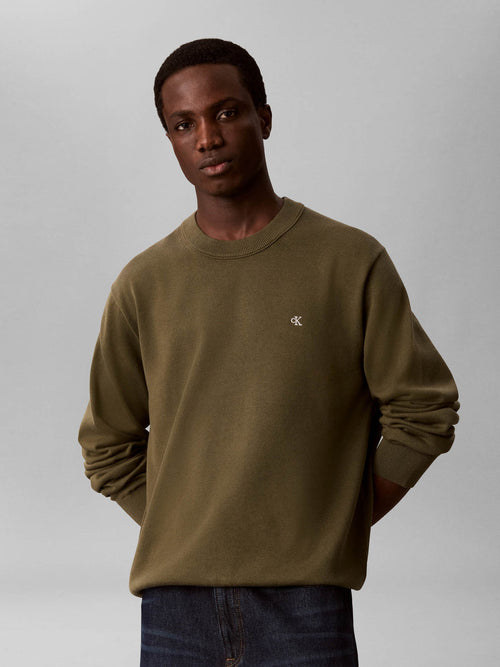 CALVIN KLEIN Maglioncino Girocollo In Cotone Liscio Logo Piccolo Verde Oliva