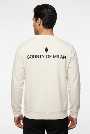 COUNTY OF MILAN Felpa Girocollo Marcelo Burlon Bianca Con Logo Ricamato e Stampa Retro