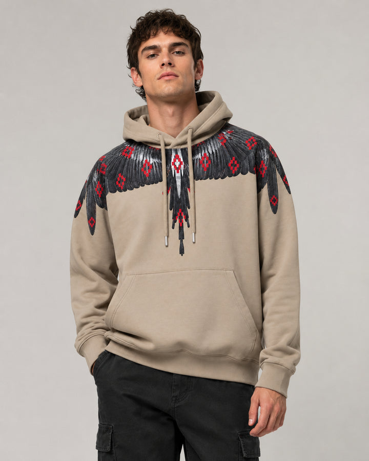 COUNTY OF MILAN Felpa Con Cappuccio Marcelo Burlon Beige Con Ali Grigio/Rosso