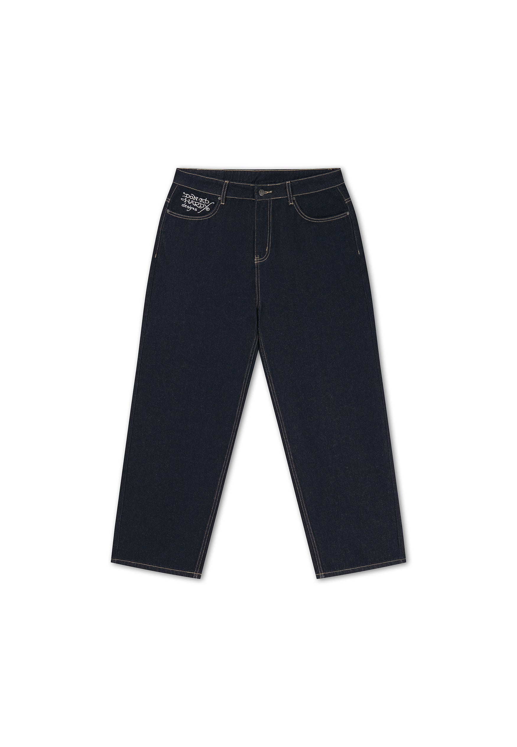 EH HARDY Jeans Baggy Con Patch Ragnatela e Stampa Retro Lavaggio Denim Blu Scuro