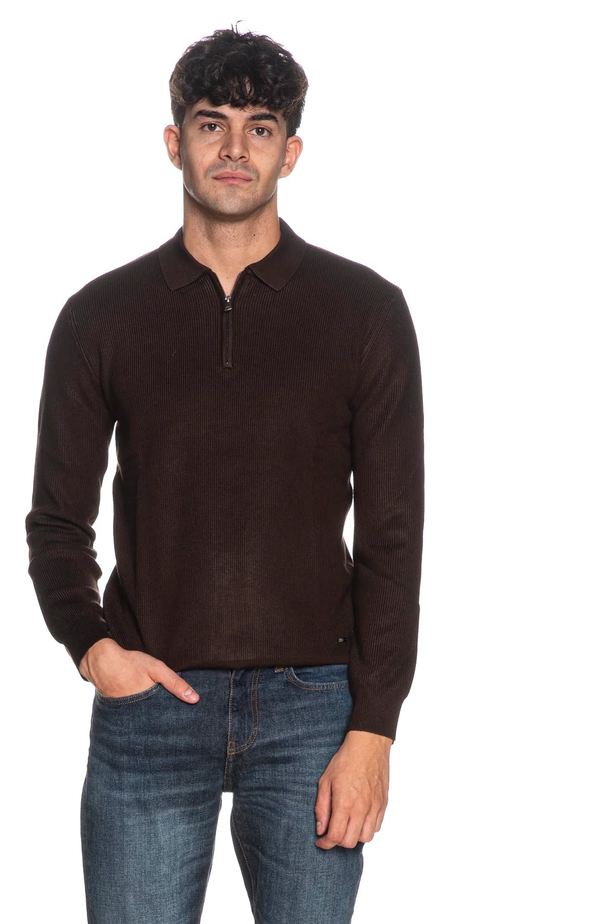 GIANNI LUPO Polo A Mezza Zip Maniche Lunghe Marrone