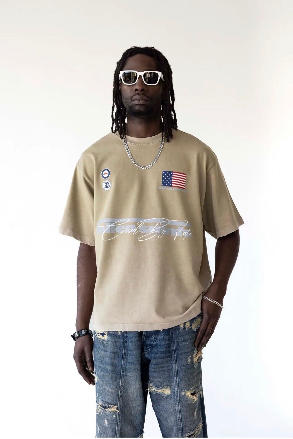 BLACK ISLAND T-Shirt In Cotone Sfumata Cropped Con Stampa America Beige