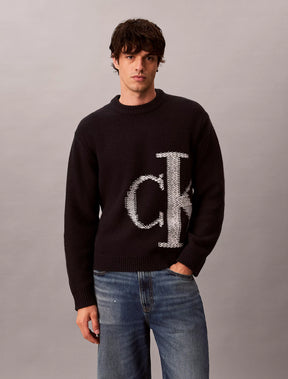 CALVIN KLEIN Maglione In Pura Lana Con Fantasia Logo Monogram Nero 26/27