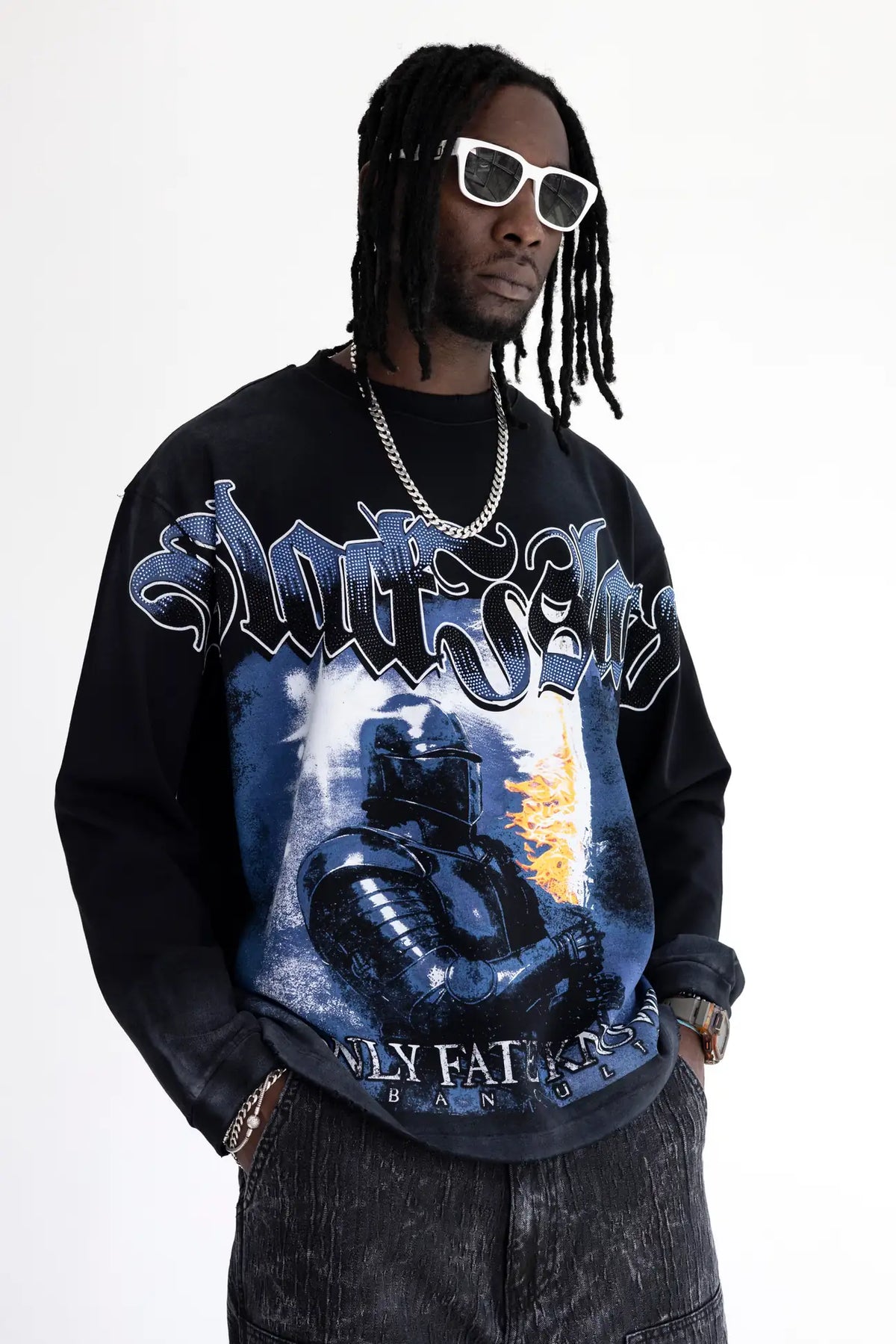 BLACK ISLAND Long Sleeve Racing Stampa con Brillantini Nero/Blu