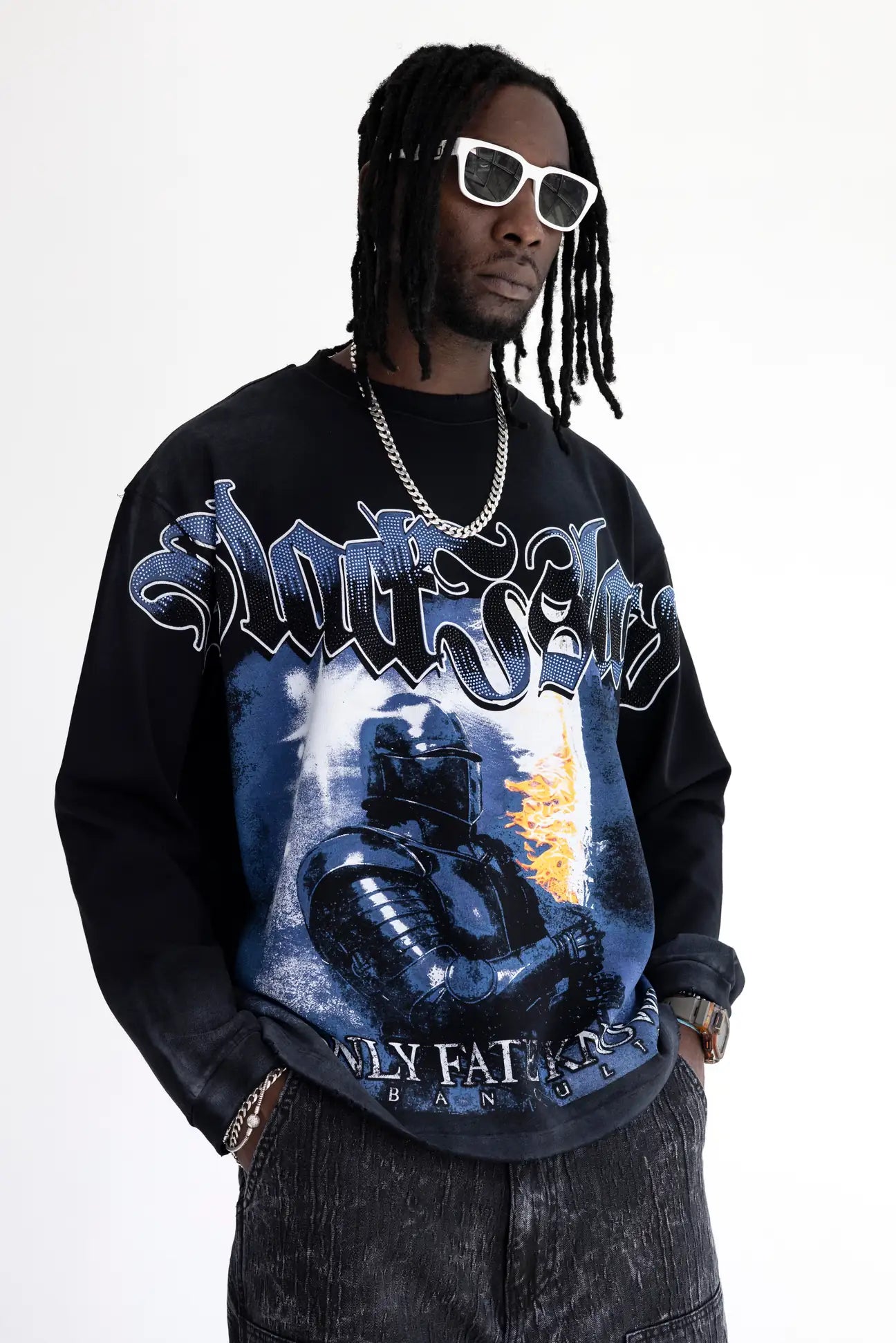 BLACK ISLAND Long Sleeve Racing Stampa con Brillantini Nero/Blu
