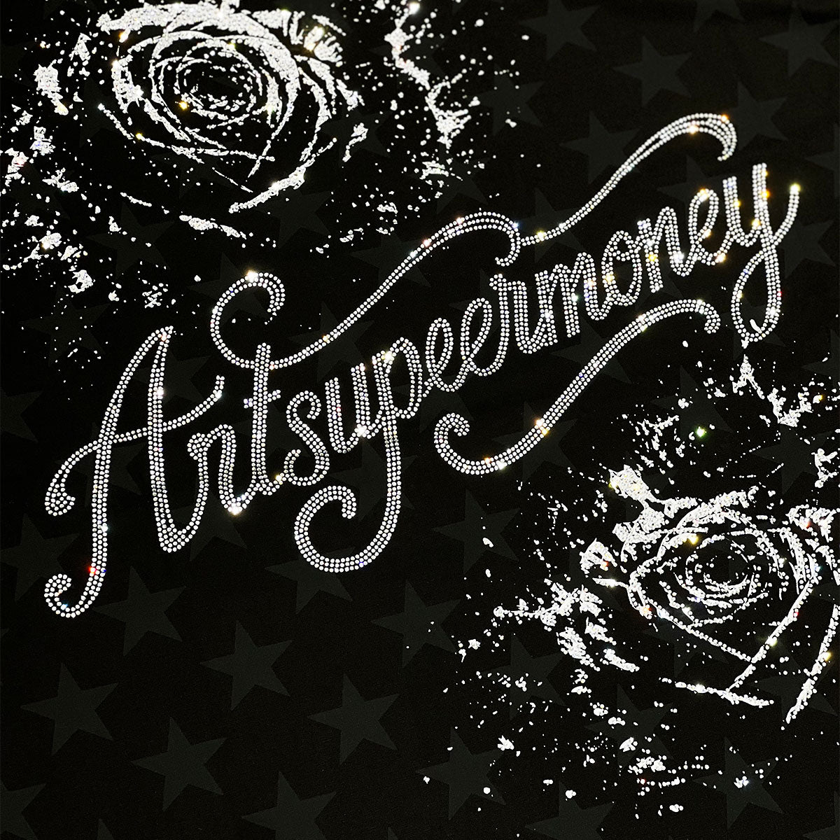 ART SUPER MONEY T-Shirt Holy Rose Con Stampa e Strass Fronte Retro Con Stampa Star Nera