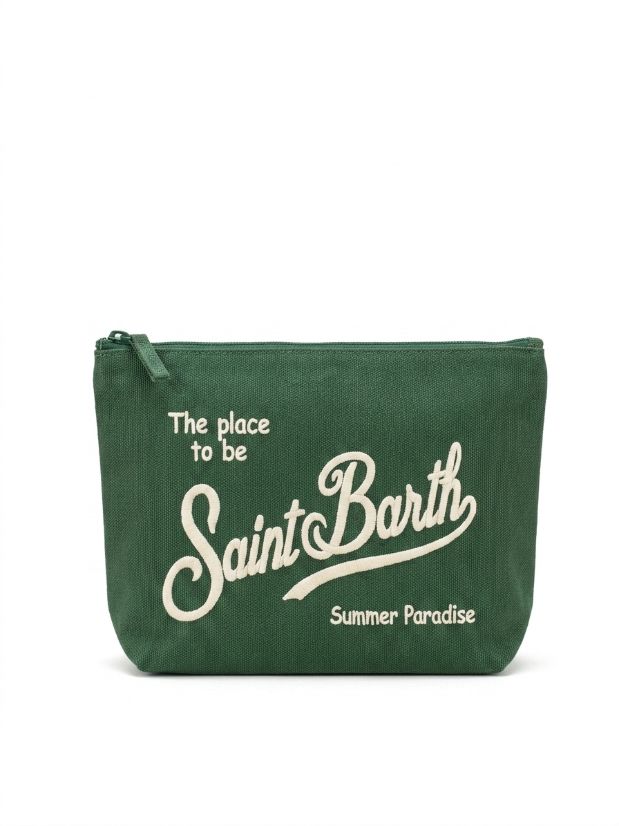 SAINT BARTH Pochette Aline Canvas Verde Salvia Logo Ricamato Bianco