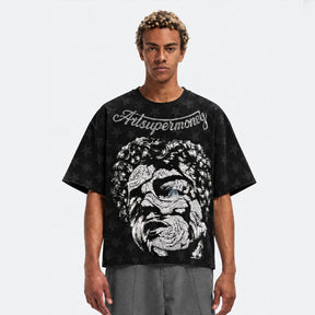 ART SUPER MONEY T-Shirt Holy Rose Con Stampa e Strass Fronte Retro Con Stampa Star Nera