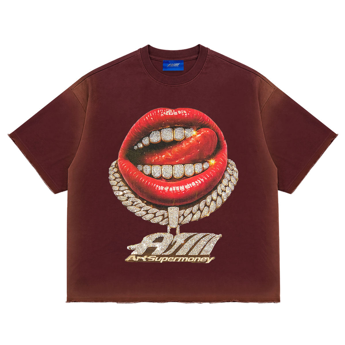 ART SUPER MONEY T-Shirt GRILLZ Con Stampa e Strass Fronte Retro Bordeaux