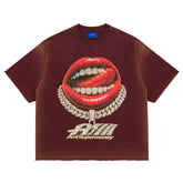ART SUPER MONEY T-Shirt GRILLZ Con Stampa e Strass Fronte Retro Bordeaux