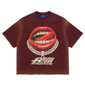 ART SUPER MONEY T-Shirt GRILLZ Con Stampa e Strass Fronte Retro Bordeaux