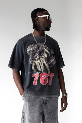 BLACK ISLAND T-Shirt In Cotone Sfumata Cropped Con Stampa Centale Nero Stone Wash