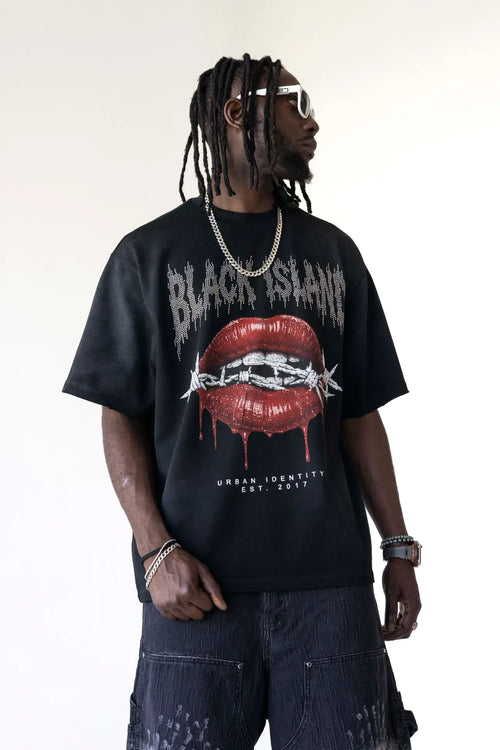 BLACK ISLAND T-Shirt In Cotone Sfumata Con Stampa Bocca e Brillantini Fronte E Stampa Rosa Dei Venti Retro Nera