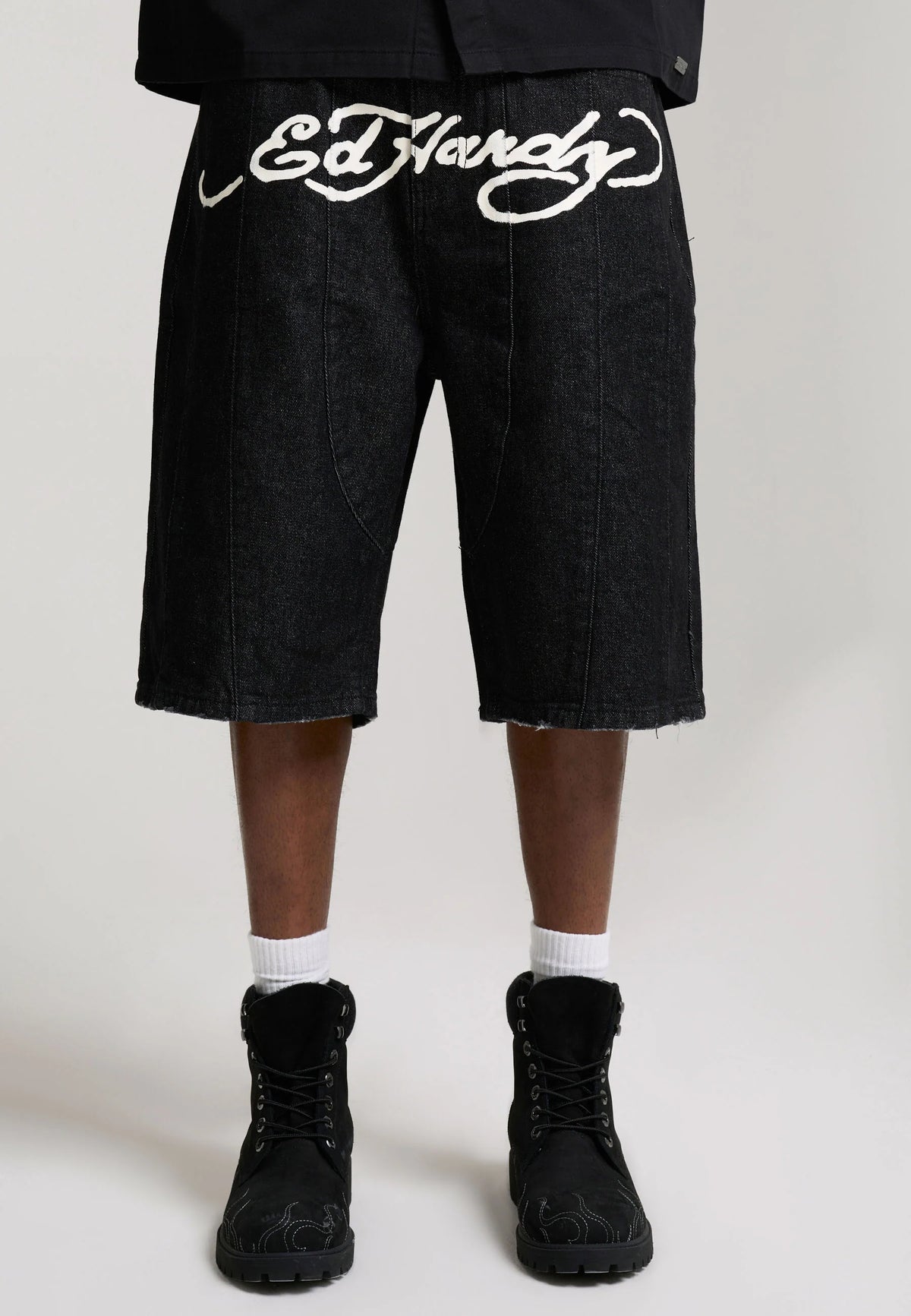 ED HARDY Pantaloncino in Jeans Jorts Con Stampa Avanti E Teschi Ricamati Retro Nero