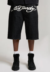 ED HARDY Pantaloncino in Jeans Jorts Con Stampa Avanti E Teschi Ricamati Retro Nero