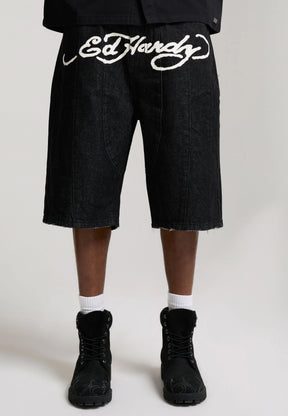 ED HARDY Pantaloncino in Jeans Jorts Con Stampa Avanti E Teschi Ricamati Retro Nero