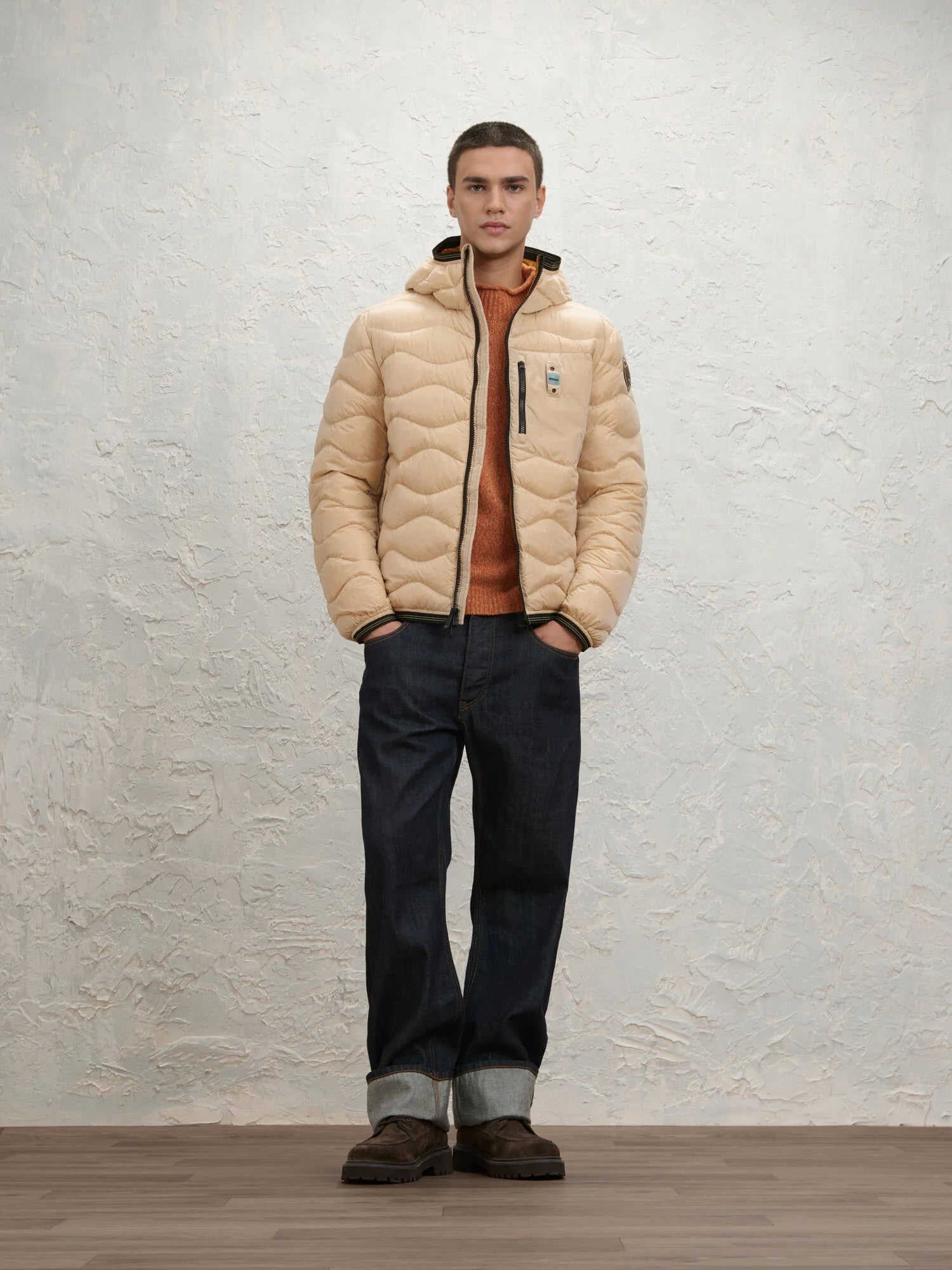 BLAUER Giubbotto Uomo Piumino Invernale Ondulato Wave Colors Down Con Cappuccio Beige