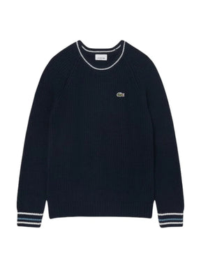 LACOSTE Maglioncino Bambino Blu Con Dettagli Ricamati Bianchi