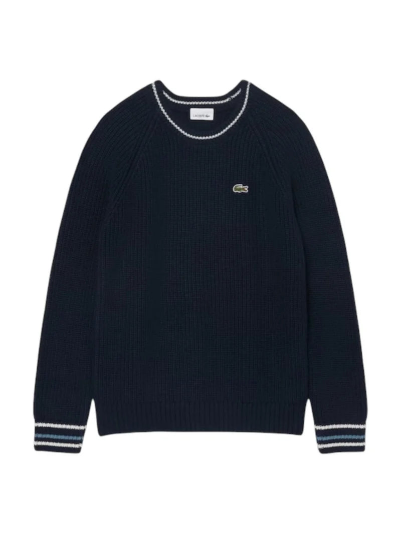 LACOSTE Maglioncino Bambino Blu Con Dettagli Ricamati Bianchi