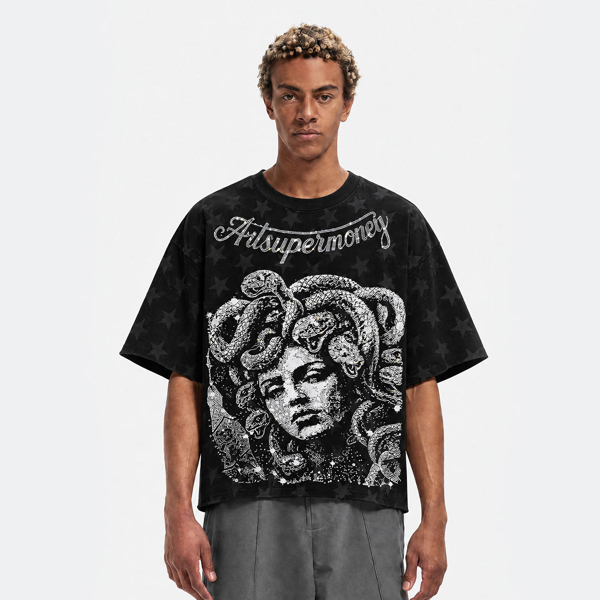 ART SUPER MONEY T-Shirt Meduza Con Stampa e Strass Fronte Retro Con Stampa Star Nera