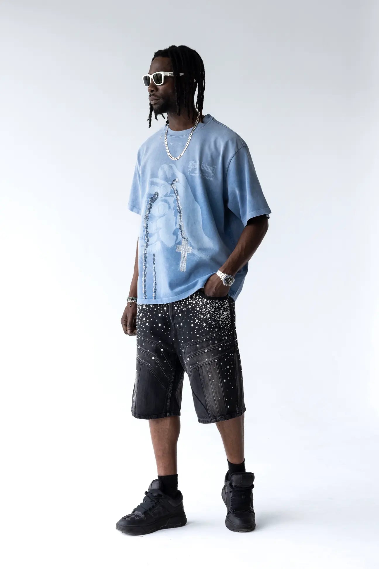 BLACK ISLAND T-Shirt In Cotone Sfumata Cropped Con Stampa e Brillantini Fronte e Retro Azzurra