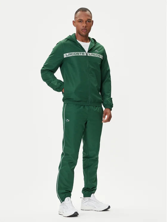 LACOSTE Tuta In Microfibra Con Zip e Cappuccio Banda Centrale Verde/Bianca