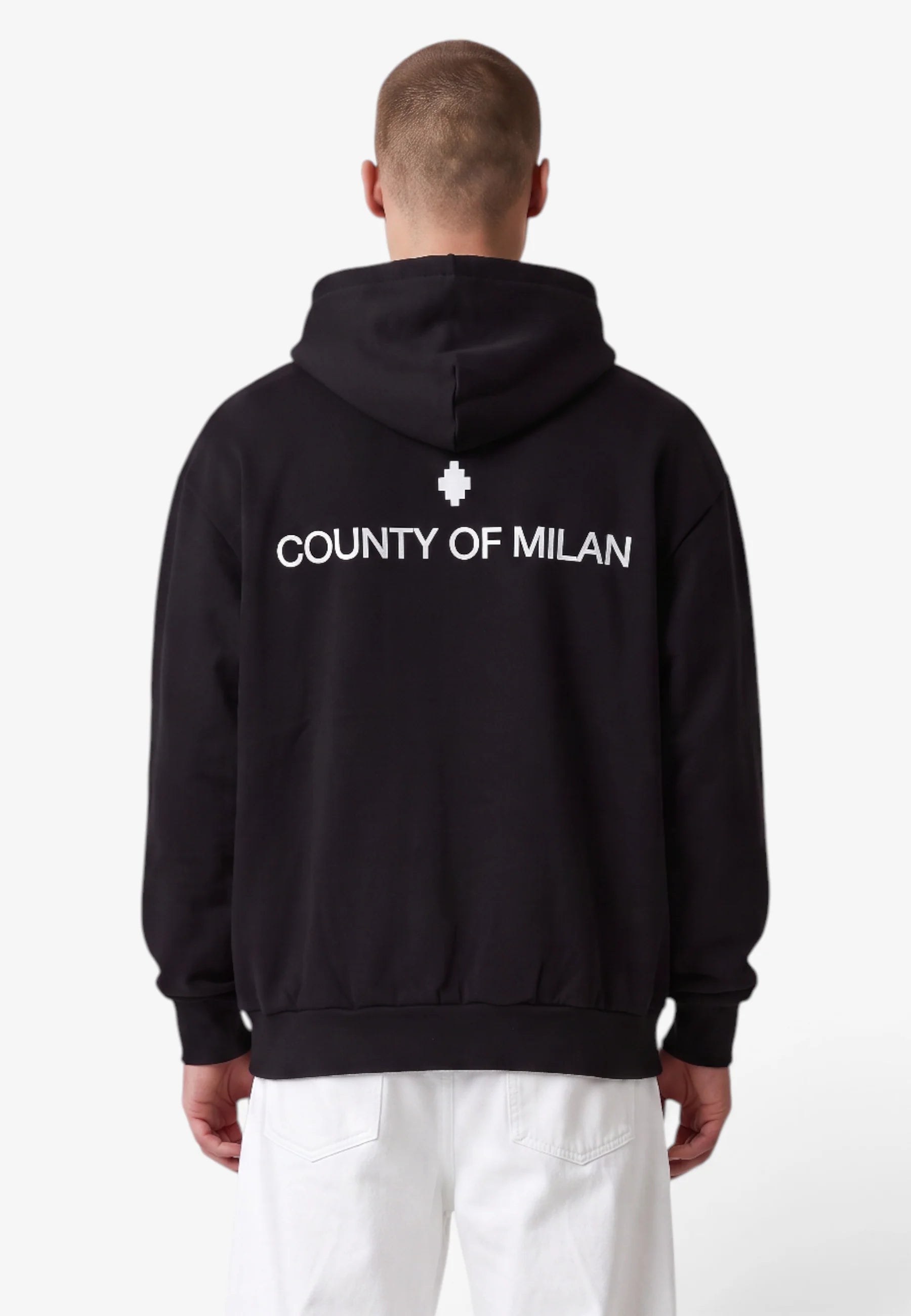 COUNTY OF MILAN Felpa Con Cappuccio Marcelo Burlon Nera Con Logo Ricamato E Stampa Retro