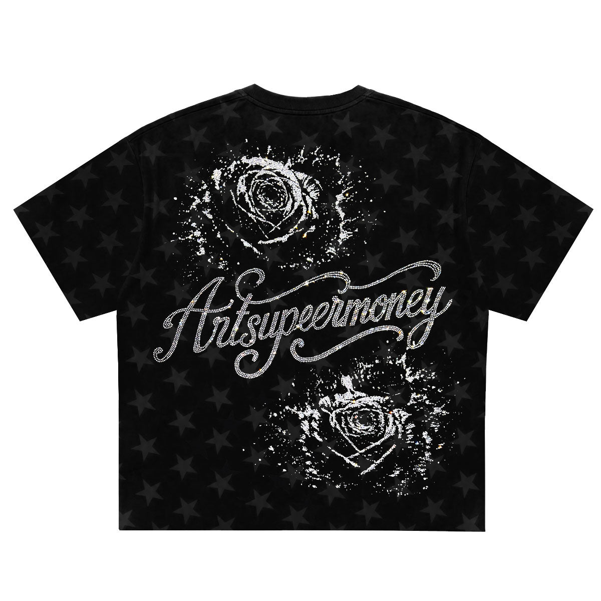 ART SUPER MONEY T-Shirt Holy Rose Con Stampa e Strass Fronte Retro Con Stampa Star Nera