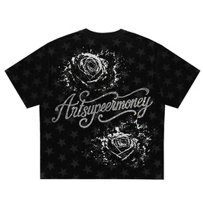 ART SUPER MONEY T-Shirt Holy Rose Con Stampa e Strass Fronte Retro Con Stampa Star Nera