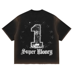 ART SUPER MONEY T-Shirt GRILLZ Con Stampa e Strass Fronte Retro Nera