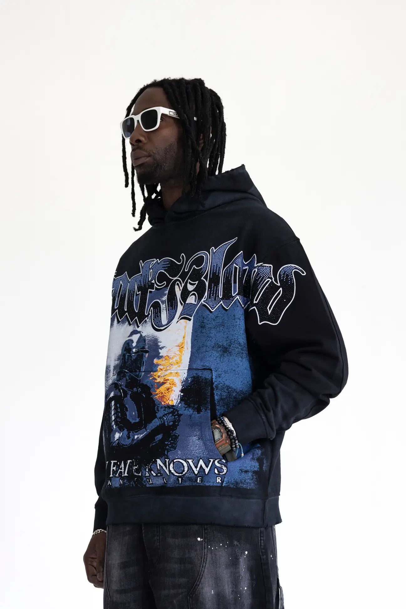 BLACK ISLAND Felpa Con Cappuccio Con Stampa e Brillantini Nera/Blu