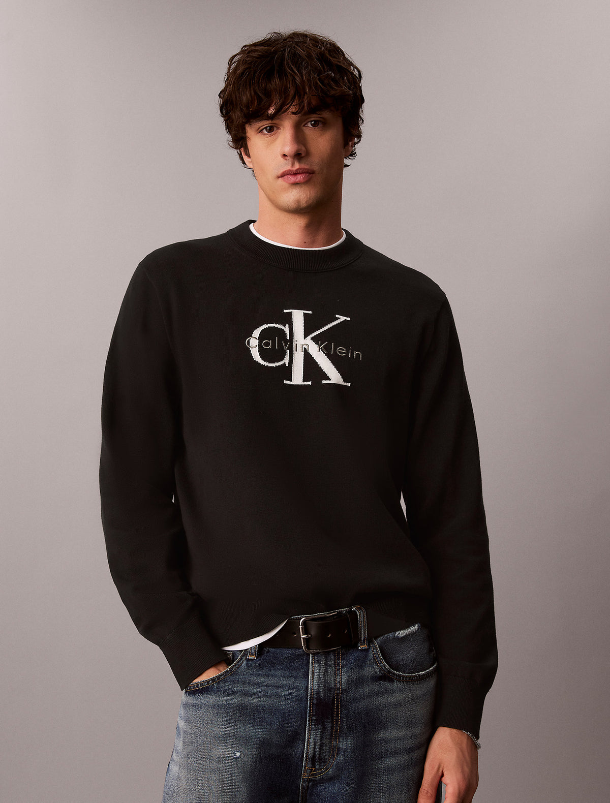 CALVIN KLEIN Maglioncino Relaxed Fit Con Logo Frontale Grande Nero