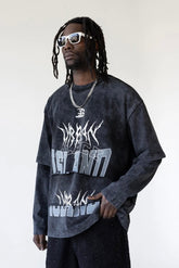 BLACK ISLAND T-Shirt Longe Sleeve In Cotone Sfumata Con Stampa Fronte Tripla Lunghezza Nero Stone Wash