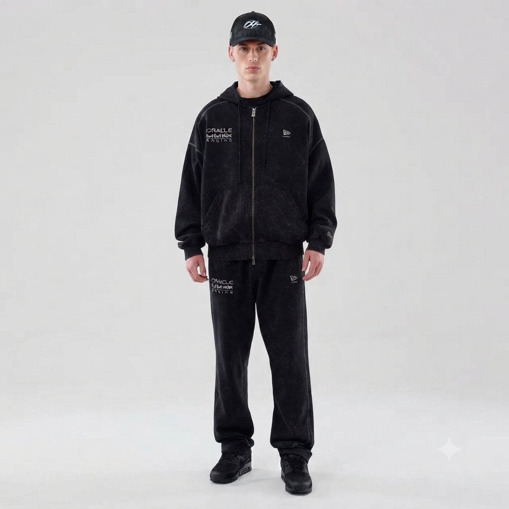 NEW ERA Oracle Redbull Tuta Completa Con Zip e Cappuccio Nero/Grigio
