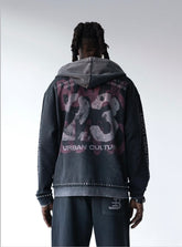 BLACK ISLAND Felpa Con Zip In Cotone Sfumata Con Stampa Retro Grigio Scuro