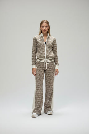 GUESS Tuta Donna In Cotone Monogram Felpa con Zip e pantalone Fondo Ampio Beige