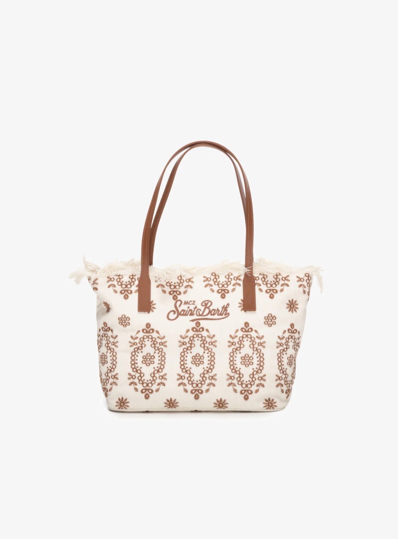 SAINT BARTH Borsa City regular in Sangallo con Frange Panna Dettagli e Logo Ricamati Marrone