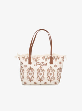 SAINT BARTH Borsa City regular in Sangallo con Frange Panna Dettagli e Logo Ricamati Marrone