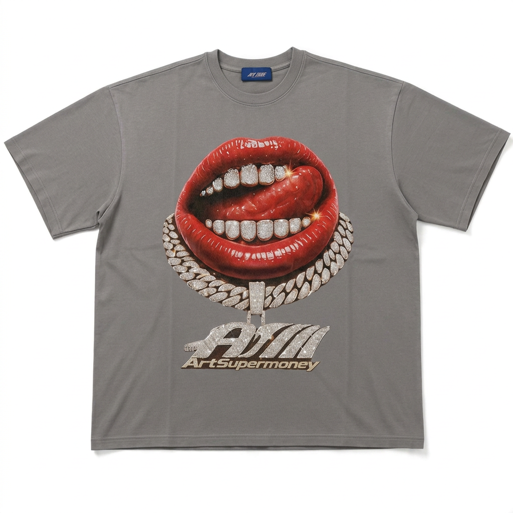ART SUPER MONEY T-Shirt GRILLZ Con Stampa e Strass Fronte Retro Iron