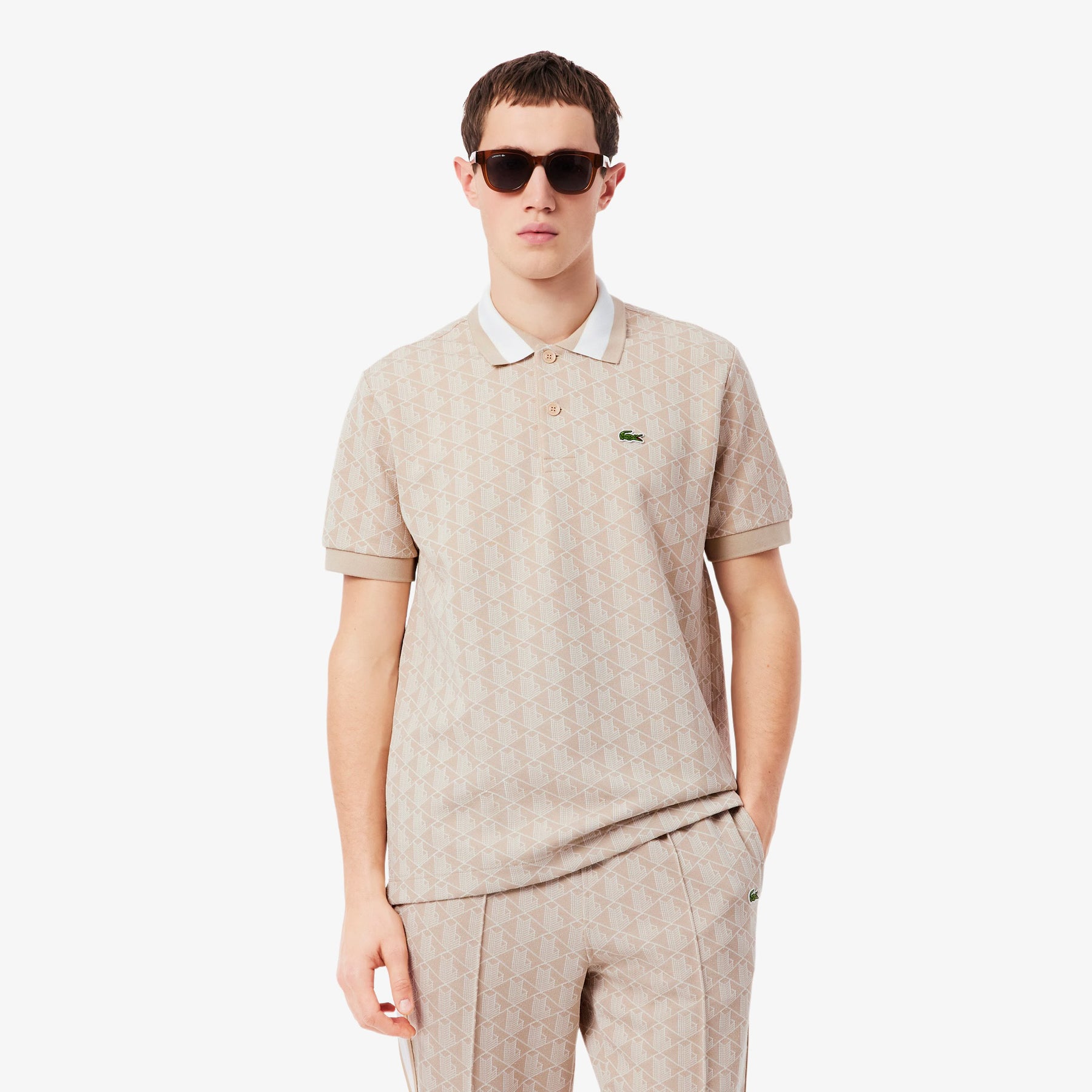 LACOSTE Polo Linea Monogram in Tessuto Jacquard Beige
