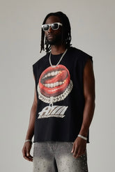 ART SUPER MONEY Canotta Con Stampa Fronte e Retro Con Brillantini Nera