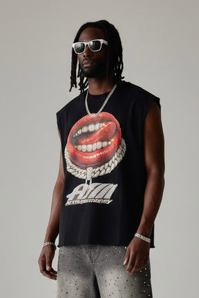 ART SUPER MONEY Canotta Con Stampa Fronte e Retro Con Brillantini Nera