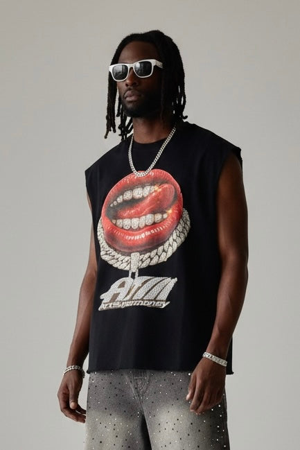 ART SUPER MONEY Canotta Con Stampa Fronte e Retro Con Brillantini Nera